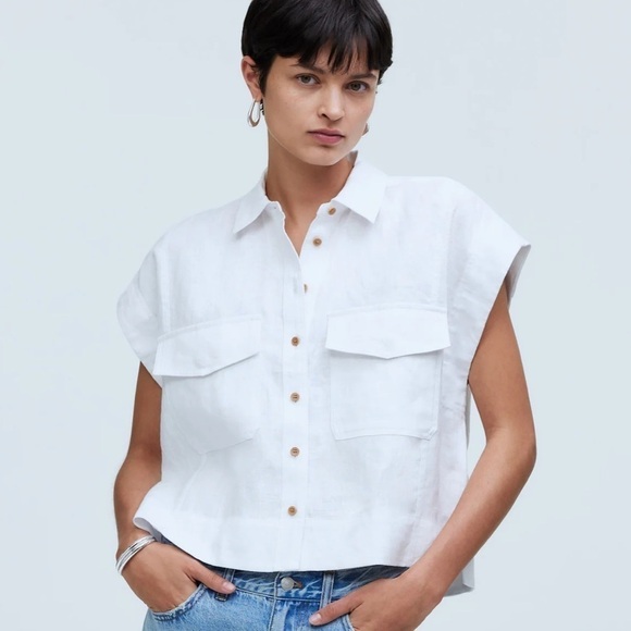 Madewell Flap-Pocket Button-Up Shirt in 100% Linen eyelet white - Picture 1 of 6